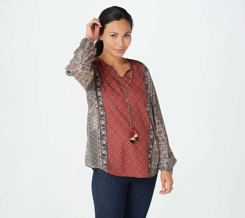 Tolani Top Maroon Floral Boho Ethnic Tassels Brown Cream Geometric Size XXS